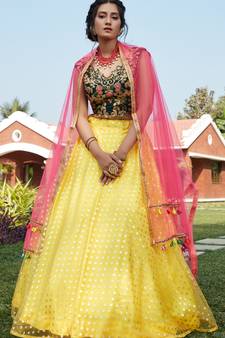 Yellow metallic foil printed net Semi Stitched bridal lehenga
