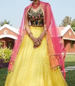 Yellow metallic foil printed net Semi Stitched bridal lehenga