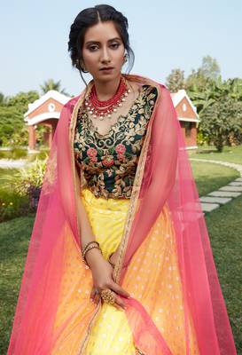 Yellow metallic foil printed net Semi Stitched bridal lehenga 2