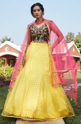Yellow metallic foil printed net Semi Stitched bridal lehenga 4
