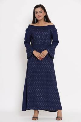 Charu Womens Rayon Slub Embroidered Flared Long Gown (Navy) 1