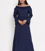 Charu Womens Rayon Slub Embroidered Flared Long Gown (Navy)