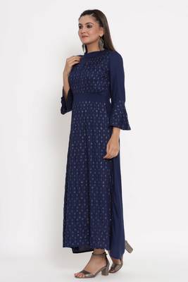 Charu Womens Rayon Slub Embroidered Flared Long Gown (Navy) 2