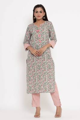 Charu Womens Cotton Printed Straight Kurta Pant Set (Sea Green) 1