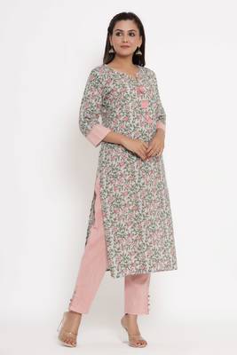 Charu Womens Cotton Printed Straight Kurta Pant Set (Sea Green) 2