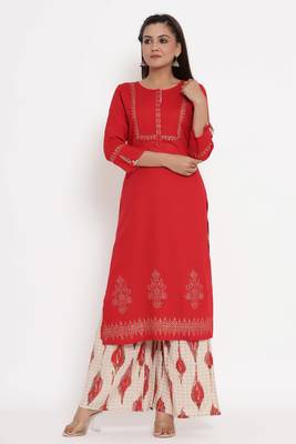 Charu Womens Rayon Printed Straight Kurta Palazzo Set (Red) 1