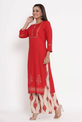 Charu Womens Rayon Printed Straight Kurta Palazzo Set (Red) 2