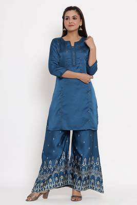 Charu Womens Linen Silk Embroidered Printed Straight Kurta Palazzo Set (Teal Blue) 1