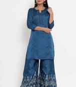 Charu Womens Linen Silk Embroidered Printed Straight Kurta Palazzo Set (Teal Blue)