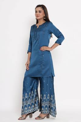 Charu Womens Linen Silk Embroidered Printed Straight Kurta Palazzo Set (Teal Blue) 2