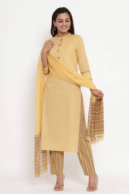 Charu Womens Cotton & Chiffon Printed Straight Kurta Pant Dupatta Set (Beige) 1