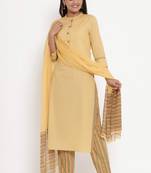Charu Womens Cotton & Chiffon Printed Straight Kurta Pant Dupatta Set (Beige)