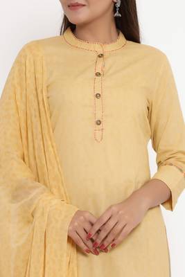 Charu Womens Cotton & Chiffon Printed Straight Kurta Pant Dupatta Set (Beige) 2