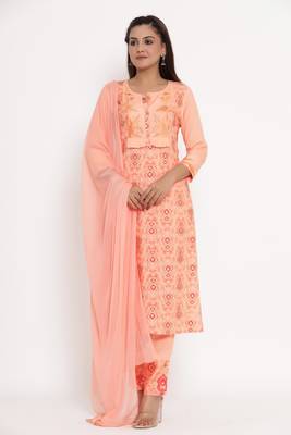 Charu Womens Rayon & Chiffon Embroidered Printed Straight Kurta Pant Dupatta Set (Peach) 1