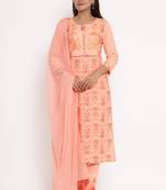 Charu Womens Rayon & Chiffon Embroidered Printed Straight Kurta Pant Dupatta Set (Peach)