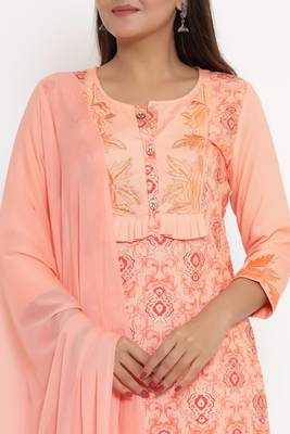 Charu Womens Rayon & Chiffon Embroidered Printed Straight Kurta Pant Dupatta Set (Peach) 2