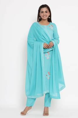 Charu Womens Rayon Slub & Cotton Embroidered Printed Straight Kurta Pant Dupatta Set (Sky Blue) 1