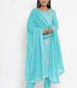 Charu Womens Rayon Slub & Cotton Embroidered Printed Straight Kurta Pant Dupatta Set (Sky Blue)
