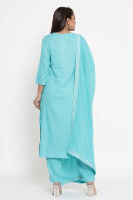Charu Womens Rayon Slub & Cotton Embroidered Printed Straight Kurta Pant Dupatta Set (Sky Blue) 2