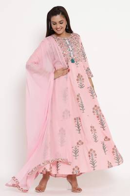 Charu Womens Cotton & Chiffon Printed Flared Long Kurta with Dupatta (Pink) 1