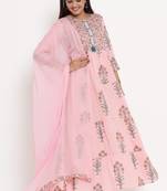 Charu Womens Cotton & Chiffon Printed Flared Long Kurta with Dupatta (Pink)