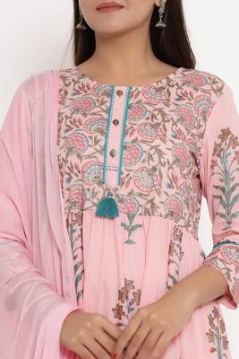 Charu Womens Cotton & Chiffon Printed Flared Long Kurta with Dupatta (Pink) 2