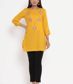 Charu Womens Rayon Slub Embroidered Apple Cut Short Kurti (Mustard)
