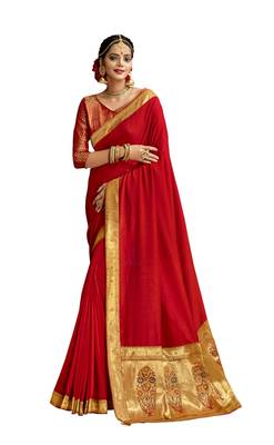 Red plain chanderi silk saree with blouse 1
