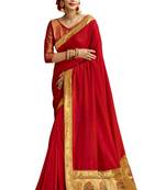 Red plain chanderi silk saree with blouse