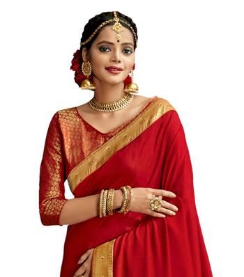 Red plain chanderi silk saree with blouse 2