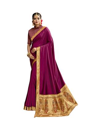 Magenta plain chanderi silk saree with blouse 1