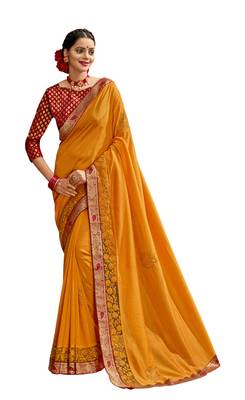 Orange plain chanderi silk saree with blouse 1