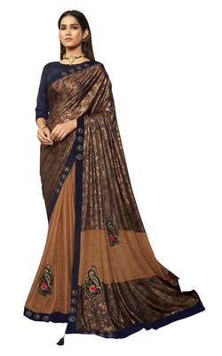   brown embroidered lycra saree with blouse 1
