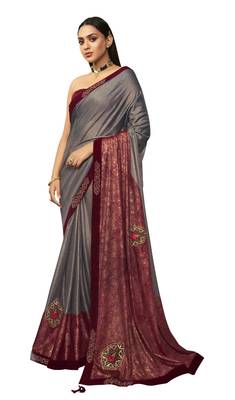   grey embroidered lycra saree with blouse 1