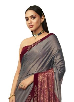   grey embroidered lycra saree with blouse 2