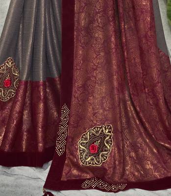   grey embroidered lycra saree with blouse 3