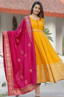 Designer Women's Rayon Gold Printed Anarkali Kurti With Banarasi Dupatta Set