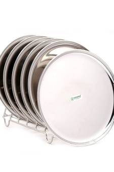 Coconut Stainless Steel Kanchan Bogi Plate/Thali/ Kumcha - Pack of 6 (Diameter 10 Inch)
