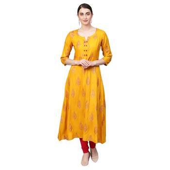 Yellow Rayon Half Sleeve Round Neck Printed Kurtas 1