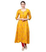 Yellow Rayon Half Sleeve Round Neck Printed Kurtas