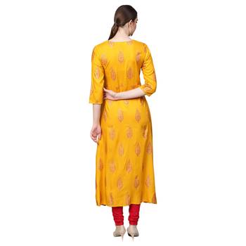 Yellow Rayon Half Sleeve Round Neck Printed Kurtas 2