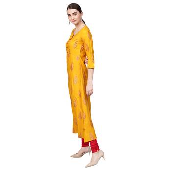 Yellow Rayon Half Sleeve Round Neck Printed Kurtas 3