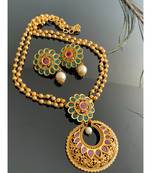 Gorgeous matte finish ruby-emerald designer bali necklace set-Dj07727