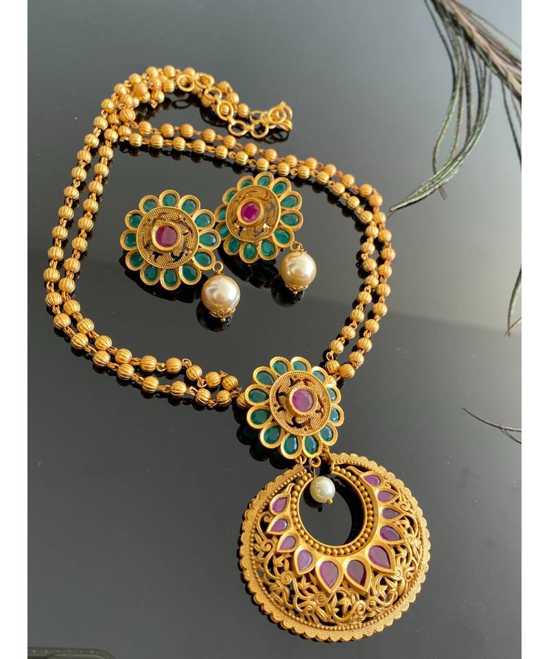 Gorgeous matte finish ruby-emerald designer bali necklace set-Dj07727