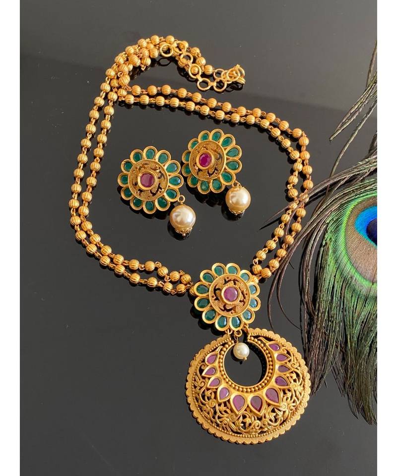 Gorgeous matte finish ruby-emerald designer bali necklace set-Dj07727