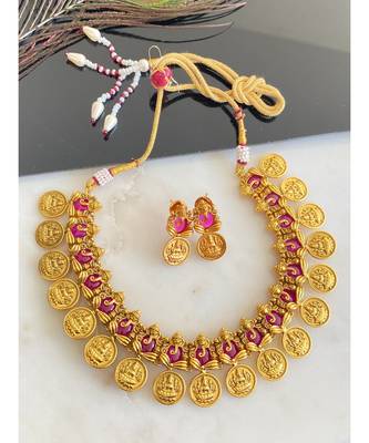 Gorgeous Matte Finish Ganesha Kemp Lakshmi Coin Necklace Set Dj30765 1