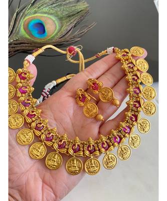 Gorgeous Matte Finish Ganesha Kemp Lakshmi Coin Necklace Set Dj30765 2
