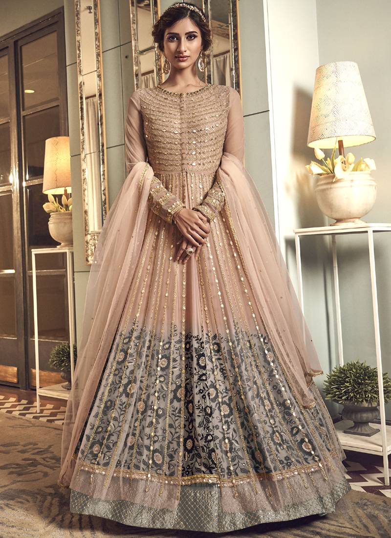 Cream Embroidery Butter Fly Net  Wedding Salwar Kameez