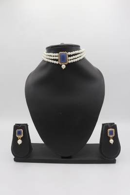 Blue Stone Pendant Pearl Choker Earrings Set 2