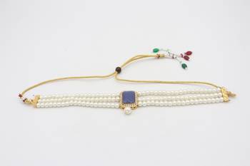 Blue Stone Pendant Pearl Choker Earrings Set 3